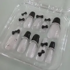 リボン 白 ネイルチップ 黒 マグネット フレンチ