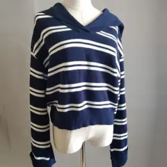 Chico フード付きネイビーとホワイトストライプカットソー　タグ付き