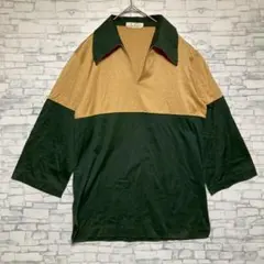トップス ポロシャツ 緑とベージュ 2トーン 七分丈 長袖 襟付き 美品 古着