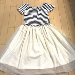 【美品】チュール付ワンピース ボーダー柄 オフホワイト 夏