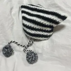 猫耳ボーダー柄 ニット帽 ビーニー ポンポン付き
