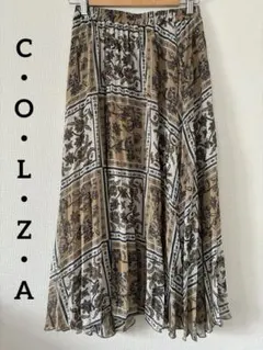 コルザ【L】ロング プリーツスカート ブラウン系 総柄 ウエストゴム 裏地付き