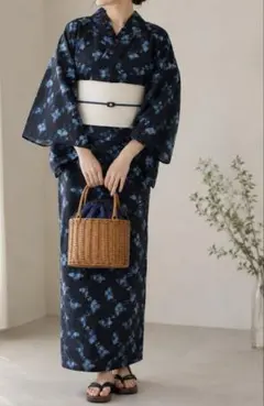 上品な藍色花柄】レトロ浴衣 ネイビー×水色 花模様 レディース 夏祭り 花火大会のサムネイル
