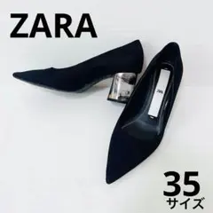 【美品】ザラ ZARA ポインテッドトゥ パンプス 黒 大理石柄 35 太ヒール