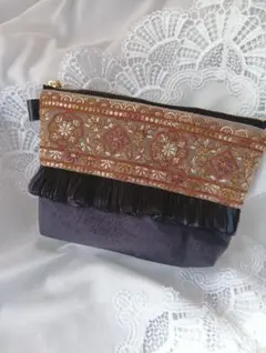 【マチ付きポーチ】インド刺繍×ヌビ/小物入れ（A319）