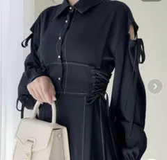 新品 タグ付き ミウィビレット L 肩あき リボン ロングワンピース ネイビー