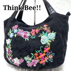 美品 Think Bee! スパンコール トートバッグ 花柄 刺繍 ビーズ 黒のサムネイル
