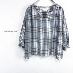 【チャオパニックティピー】フリンジブラウス F チェック Ｖネック 麻 レーヨンのサムネイル