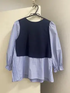 【ZARA】ネイビーとストライプの七分袖ブラウス XSサイズ