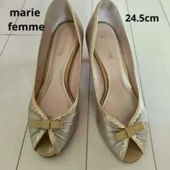 オープントゥパンプス リボン付き　ゴールド