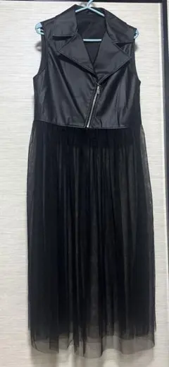 ライダース　フェイクレザー　チュールドレス ブラック　M