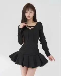 Darich フロントリボンコットンレースミニワンピース　ブラック