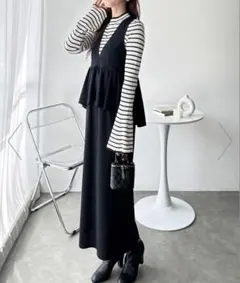 楽ちん! ペプラムジャンパースカート　ブラック