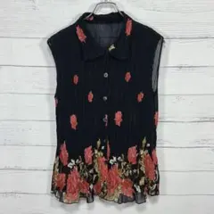 Crealde 総柄プリーツシャツ チュニック丈 バラ柄 シアー ブラック