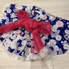 花柄蝶柄ネイビー着物ドレス80 フリル　セパレート　浴衣