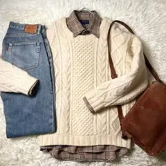 90s 00s ウールセーター フィッシャーマンセーター L アラン編み 生成り