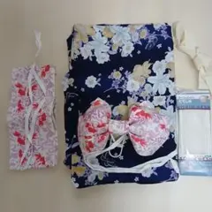 新品 浴衣 140cm 紺色 花柄 帯付き - メルカリ
