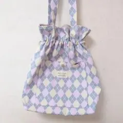 ショルダー巾着トートバッグ アーガイル柄（ハンドメイド）