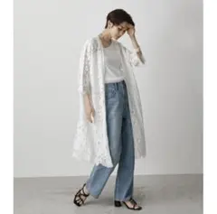 スカラップ　レース　ロング　ダウン　ロングカーディガン