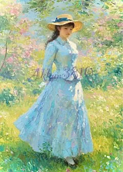 印象派 絵画 水色のドレス 女性 シール