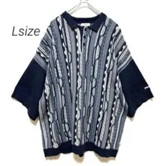 【美品】Perushu ペルーシュ 3Dニットポロシャツ 半袖 袖ロゴ L 紺