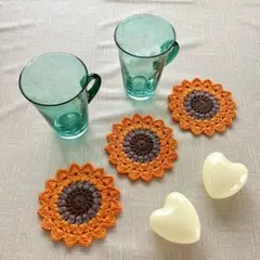 ひまわり　手編みドイリーコースター茶托ガーランドアップリケ　3枚　ハンドメイド
