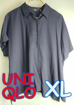 【美品】UNIQLO　ユニクロ レーヨンシャツ 半袖 XL ネイビー とろみ素材