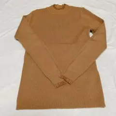 レディース リブニット長袖 Lサイズ ブラウン リブ編み フリル付きトップス