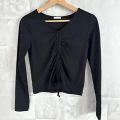 長袖トップス フロントギャザー フロントドロストリブT リブトップス　Vネック