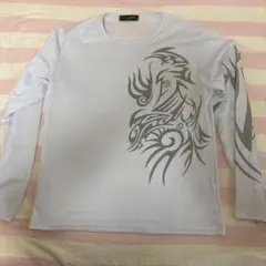 トライバルプリント 長袖カットソー ホワイト　メッシュ生地