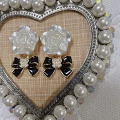 ハンドメイド イヤリング ピアス アクセサリー バラ ローズ カメリア リボン