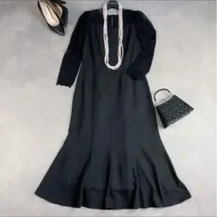 エメアンシェ 異素材切替ロングドレス ワンピース L 黒 結婚式 お呼ばれ