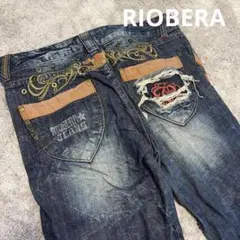 【RIOBERA】デニムパンツ スカル刺繍 ヒゲ ダメージ加工 34