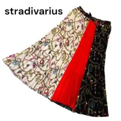 【stradivarius】プリーツフレアスカート　バイカラー　金具　上品