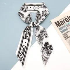 リボンスカーフ バッグスカーフ 花　モノトーン　英字　ヘアリボン　ヘアメ　白黒