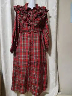 最終値下げ】フリルチェックワンピース レッド系 チェック柄 ロング