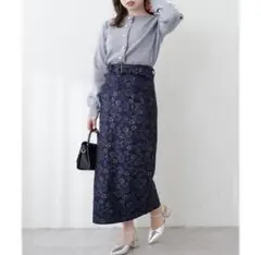 natural couture ベルト付きラメレースナロースカート　ネイビー