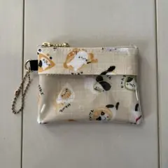 パスケース ミニポーチ ラミネート おでん 猫柄 ベージュ ハンドメイド