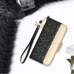 iPhone14Plus 手帳型 ケース　透かし彫り模様 鏡付き