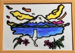 猫ちゃんと青富士手書きイラストインテリアアート開運絵画