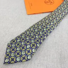 美品 HERMES エルメス 総柄 シルク100 ネクタイ ネイビー グリーン