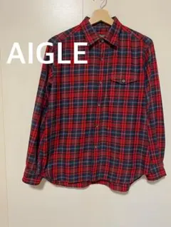 AIGLE エーグル　チェック 長袖シャツ　ネルシャツ　刺繍ロゴ　赤　レッド　M