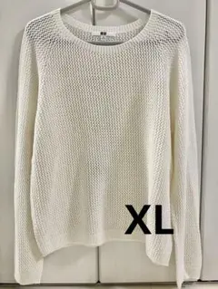 3Dメッシュクルーネックセーター　オフホワイト 透かし編みセーター 長袖