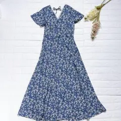 【美品】GRL 半袖 カシュクール ロングワンピース 小花柄 くすみブルー