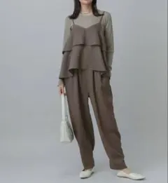 グローバルワーク フリルデザイン リネンライクサロペット モカベージュ
