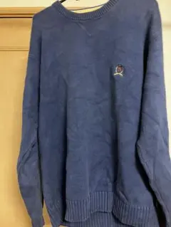 青 ニットセーター 刺繍ロゴ