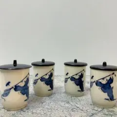 中国陶器　唐子絵柄　湯呑み4客セット