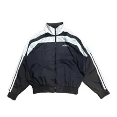 80〜90s adidas ジップアップ ジャケット 黒 白 O 古着 デサント