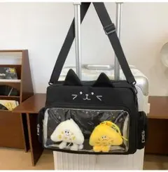 痛バッグ黒 ショルダーバッグ 猫耳 かわいい ねこ　斜めがけ　推し活　横長