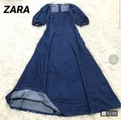 完売品　ZARA【S相当】スクエアネックロングデニムワンピースパフスリーブブルー